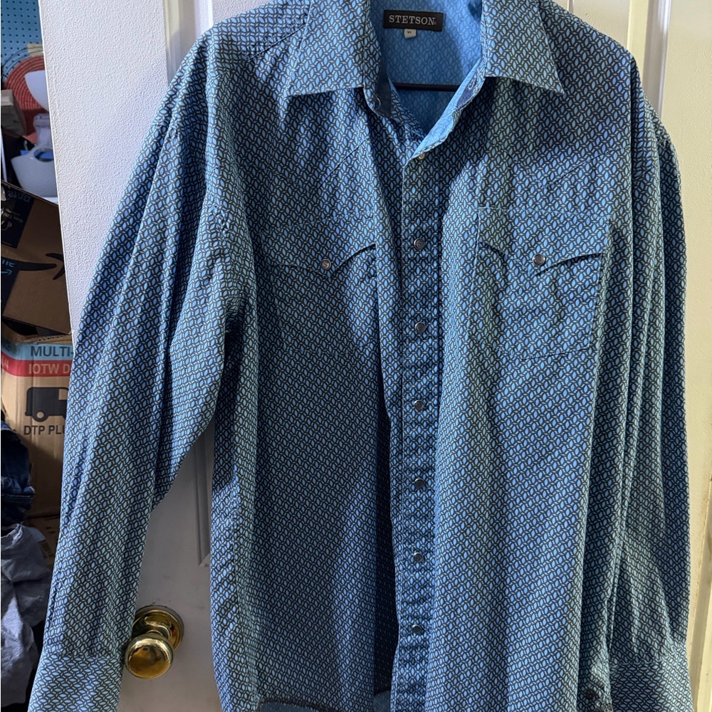Stetson Men’s Long Sleeve Diamond Geometric Print Western Shirt, Blue, Size XL